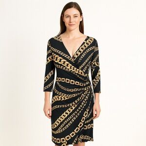 VTG Janine Size L Faux Wrap Dress Chain link Midi Couture Cocktail Gala Sheath